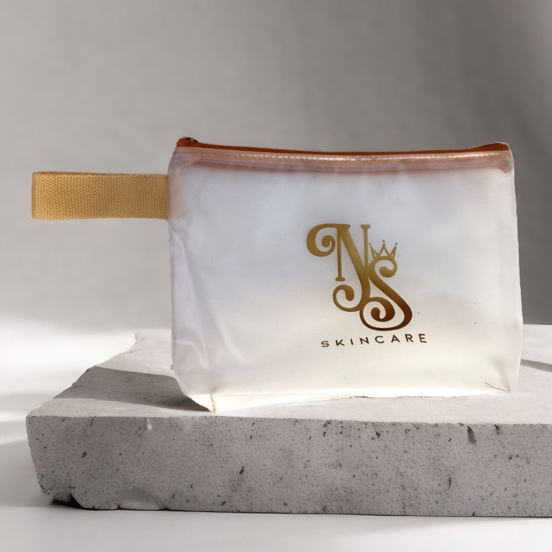 Pouch Kosmetik Plastik Mika Transparan Anti Air Warna Gold Emas Custom Wajib Pembelian Min 100 pcs