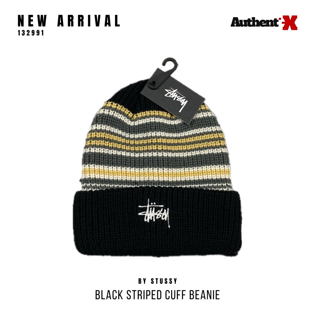 STUSSY STRIPED CUFF BEANIE HAT BLACK | ORIGINAL
