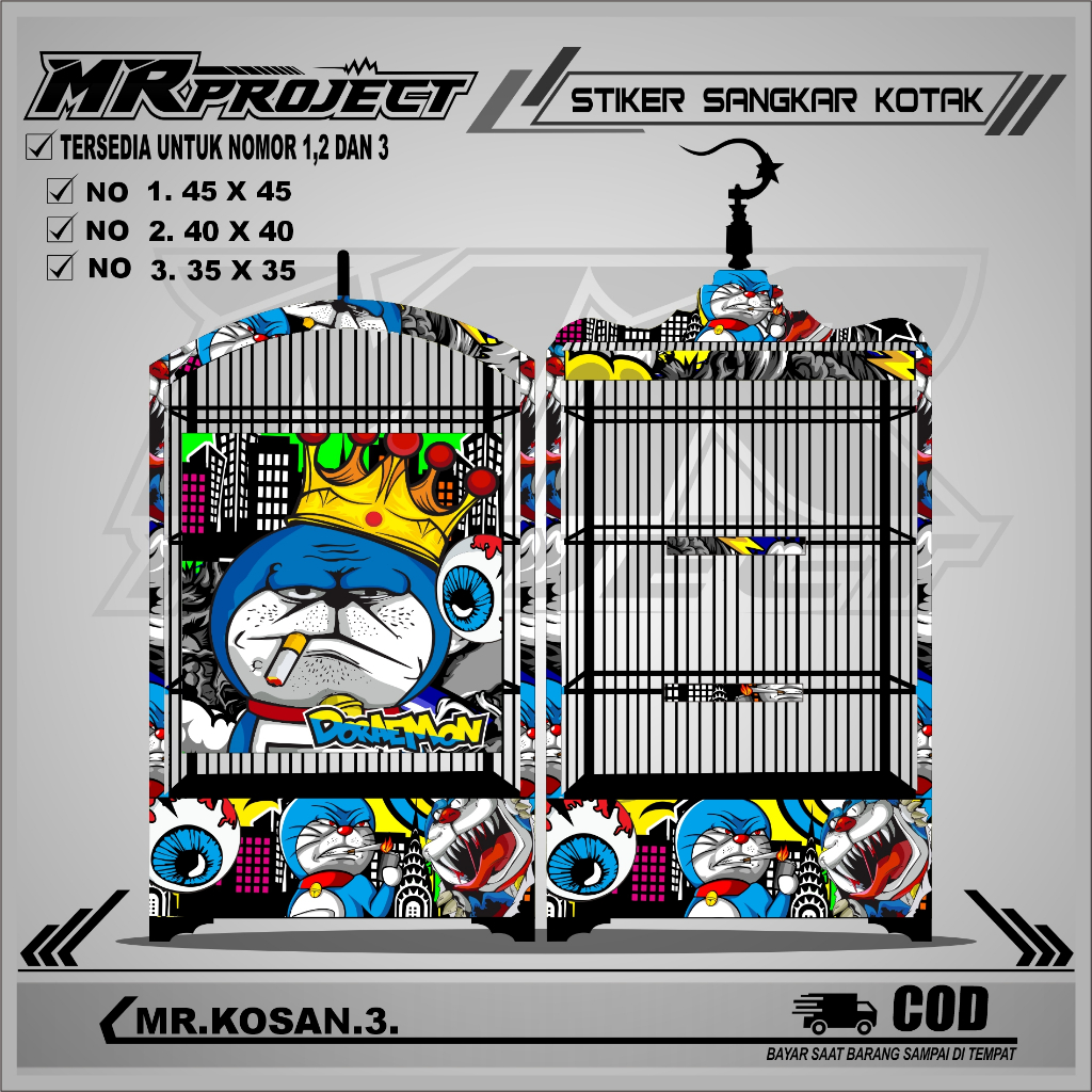 Stiker Decal Sangkar Kotak-Sticker Ebot Kosan Sangkar motif Doraemon