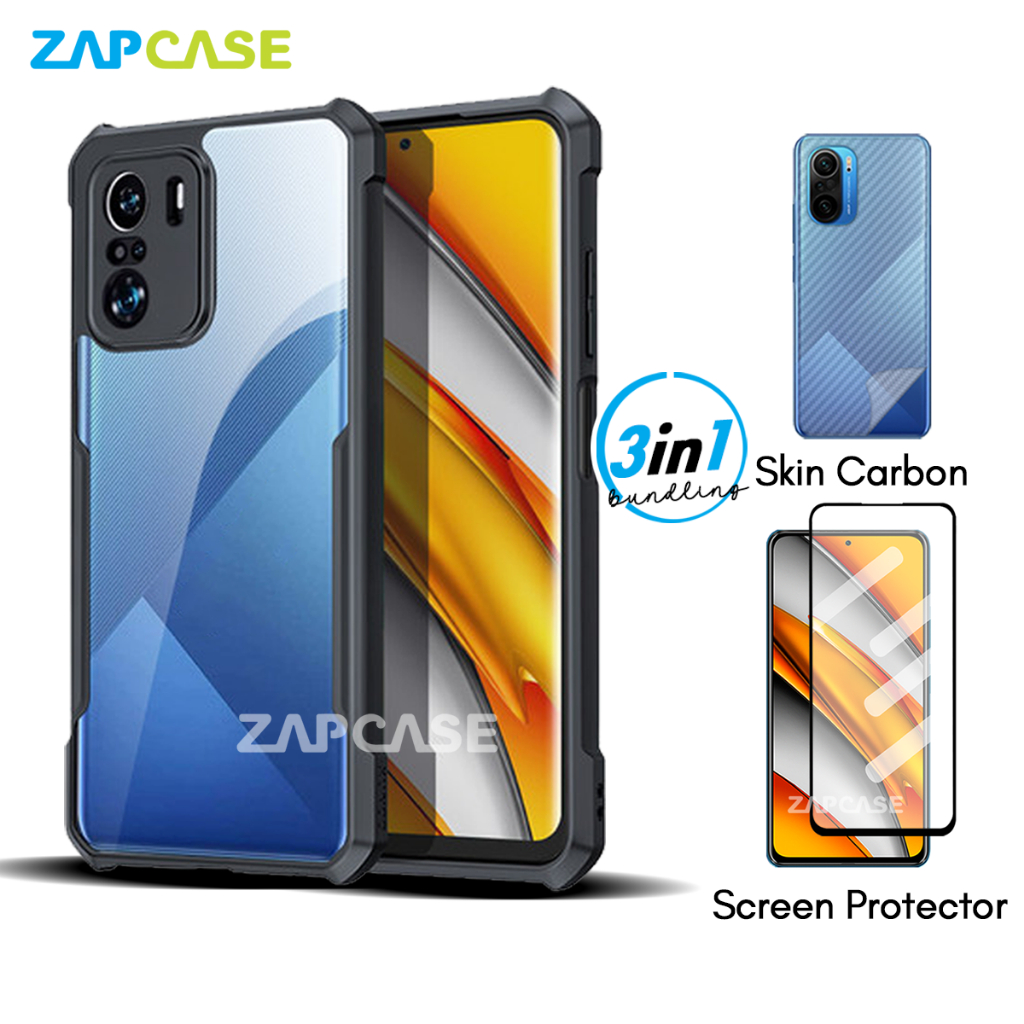 3in1 Case Xiaomi Poco F3/F3 Pro Armor Fushion Casing Free Tempered Glass dan Skin Carbon