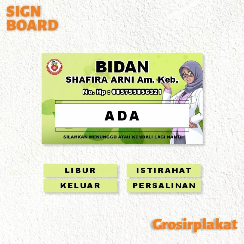 Papan Bidan Akrilik, Papan Nama Bidan Akrilik, Custom Papan Dokter, Perawat,Dll Bahan Akrilik Free D