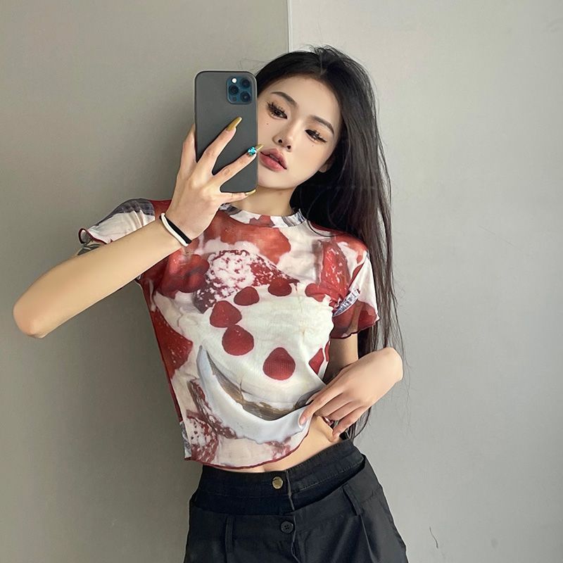 Outer Crop Top Transparan Lengan Pendek