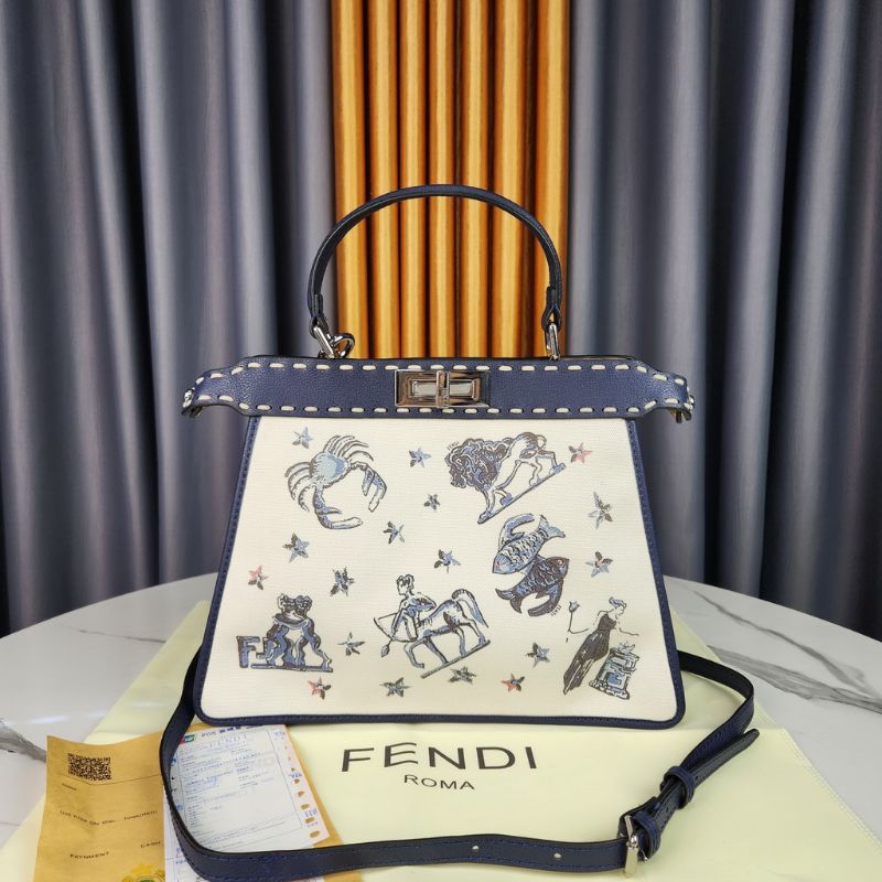 Tas Fendi Peekaboo ISeeU Medium Canvas Astrology Stamp PUTIH List Birdong AP8032-2 Q043Q