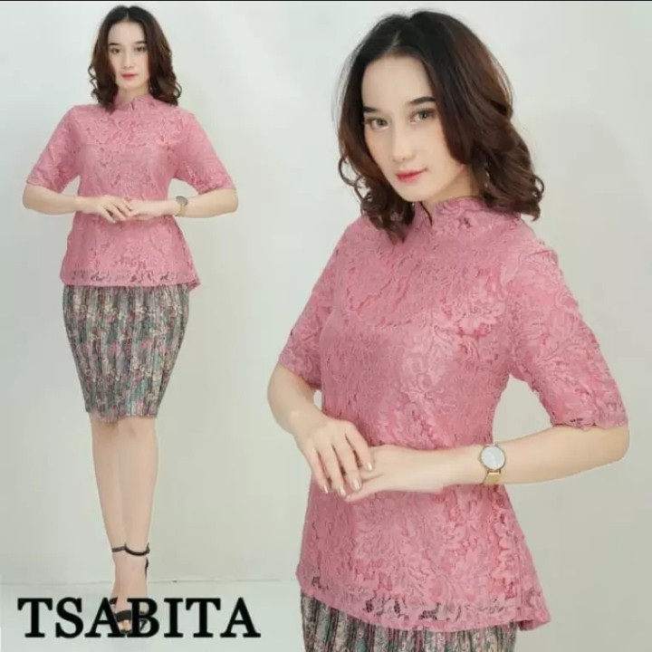 Atasan kebaya tille brokat lengan pendek model kerah sanghai DUSTY PINK