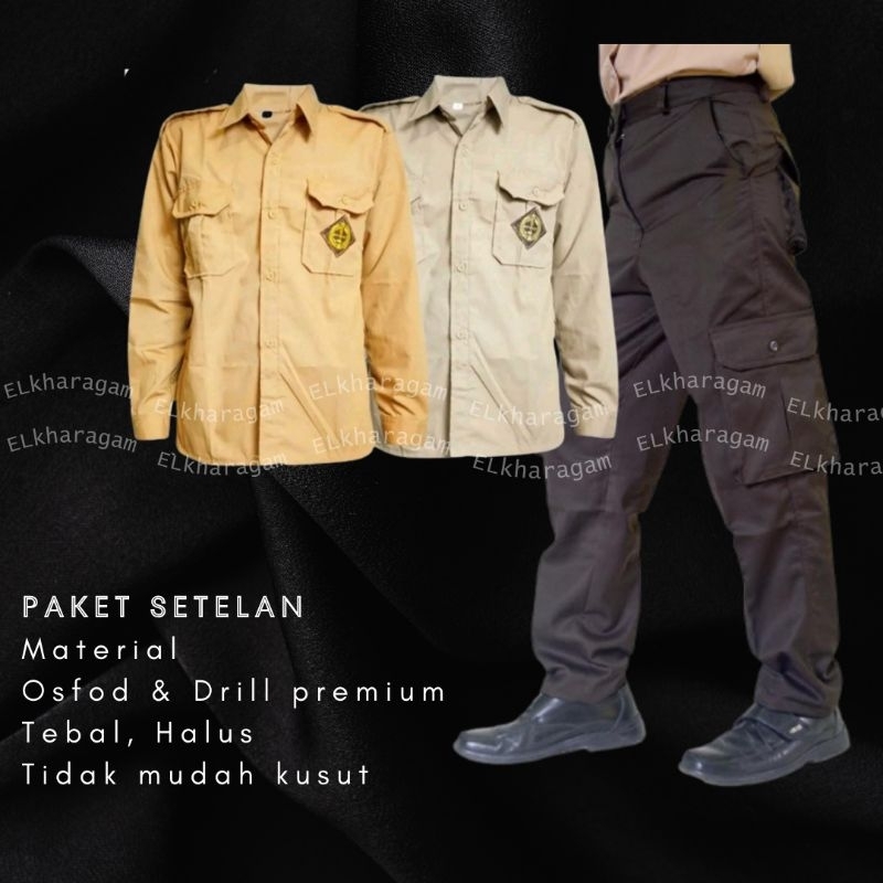 Setelan Seragam Pramuka kemeja Pramuka Saku 2 Depan + Celana Pramuka PDL/ Cargo untuk SMP/ SMA/ PEMB