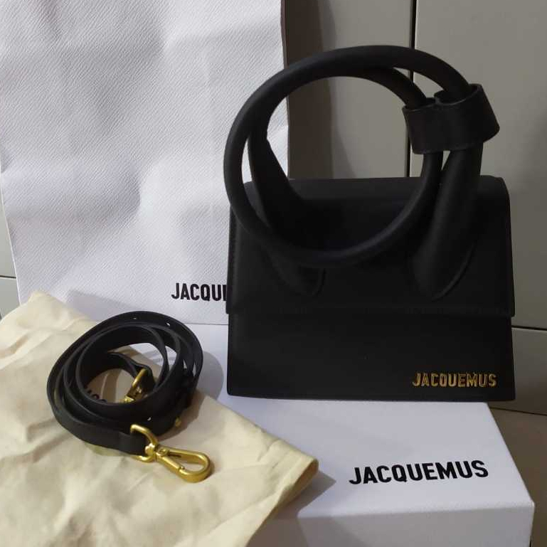 Tas JACQUEMUS Le Chiquito Noeud Moyen in Black Hitam Coiled leather handbag Tote Kecil Mini Original