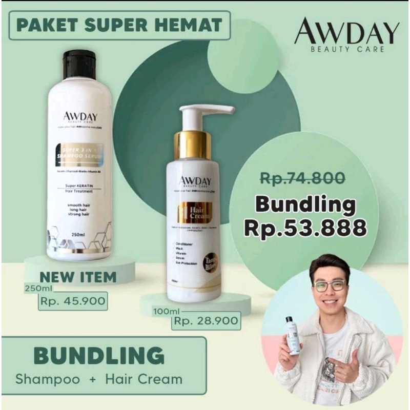 AWDAY PAKET SUPER 3 in 1 sampo charcoal keratin 250ml & ALL IN 1 hair cream conditioner 100ml