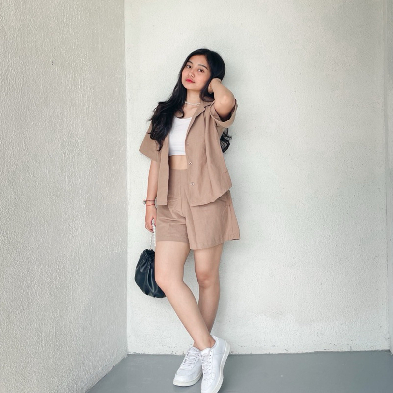 One set Kemeja Linen Angel Celana pendek Elegan
