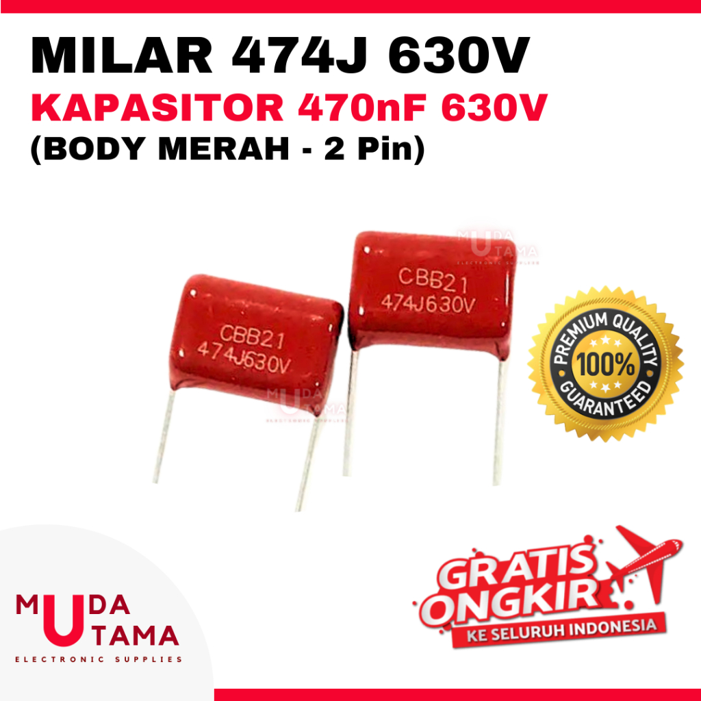 MILAR 474J 630V - MILAR 470 nF 630V BODY MERAH - KAPASITOR 474J 630V - KAPASITOR MYLAR 474J 630Volt 