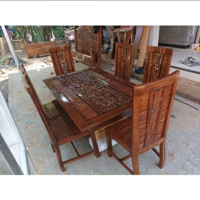 meja makan satu set ukiran Jepara kayu jati / kursi meja makan kayu jati / kursi meja makan Jepara /