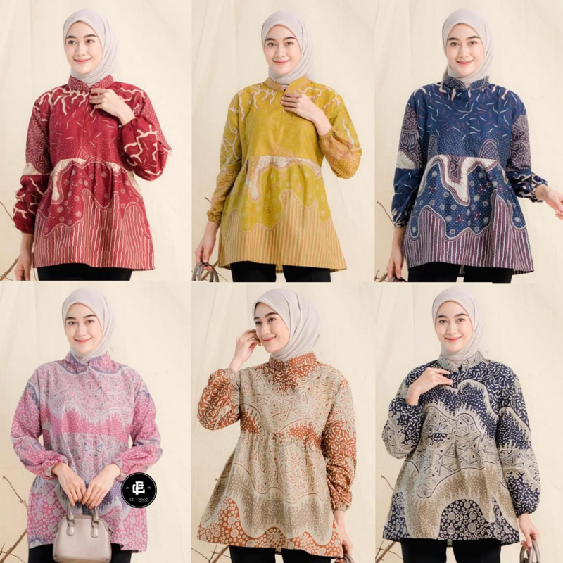 Batik Blouse Lengan Balon Wanita Blus batik kerja Cantik Modis Elegan