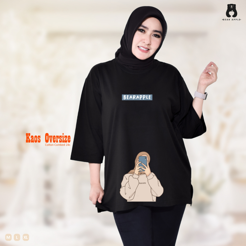 T-shirt Oversize | Kaos oversize bear apple | Atasan Wanita | Fashion Wanita Kaos Hitam Hijab