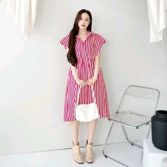 NOELLE STRIPE - MIDI DRESS TERUSAN WANITA KANCING DEPAN MOTIF SALUR GARIS STRIPE KATUN IMPORT CASUAL