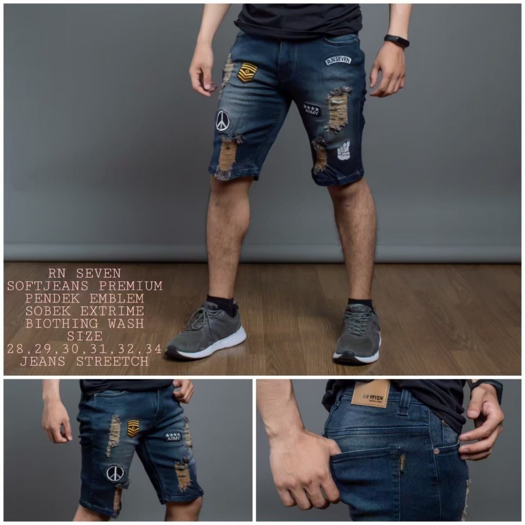 RN. SEVEN Celana Jeans Pendek pria Emblem  Sobek Extrime/SoftJeans Premium