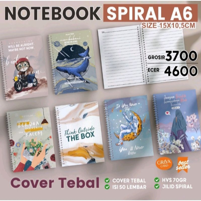 

Notebook A6 buku catatan spiral bergaris dengan desain aestetic