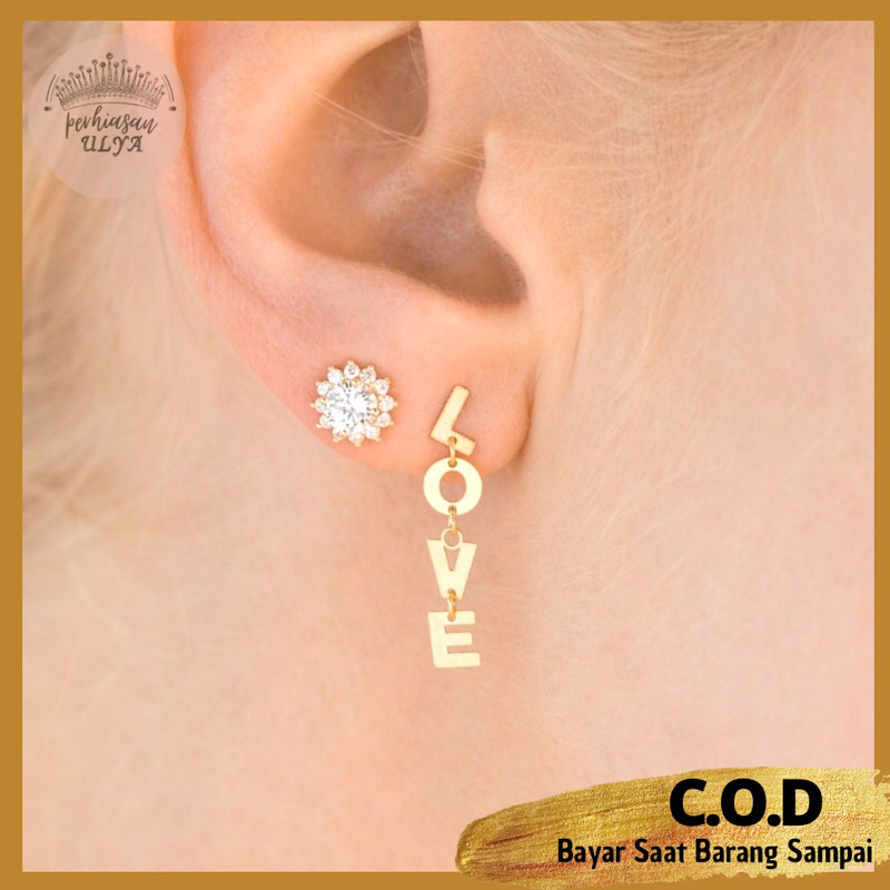 EARRINGS ANTING TITANIUM LAPIS EMAS CUSTOM UKIR NAMA ANTI KARAT ANTI LUNTUR KOREA TINDIK EMAS ANAK D
