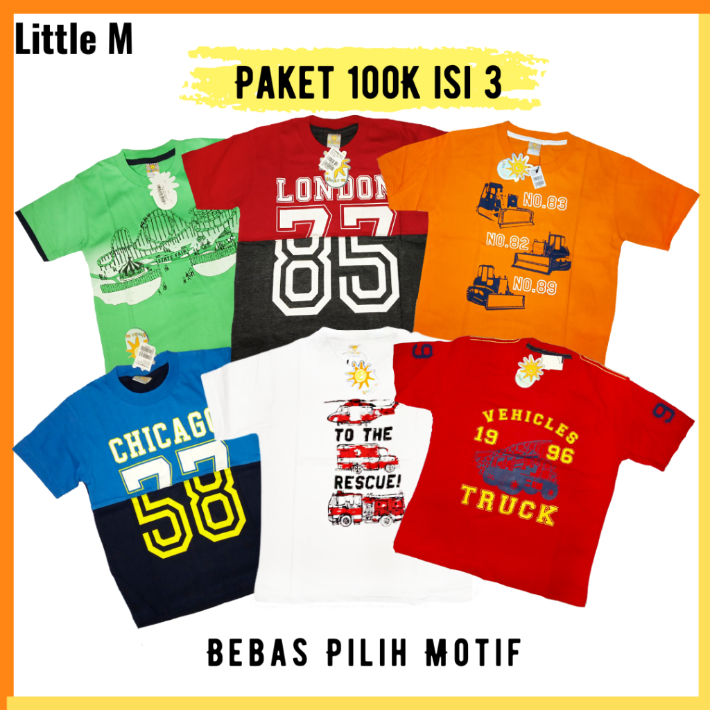 Little M kaos anak laki laki premium / PROMO BAJU 3 PCS 100 RB/ Kaos lengan pendek / pakaian atasan 