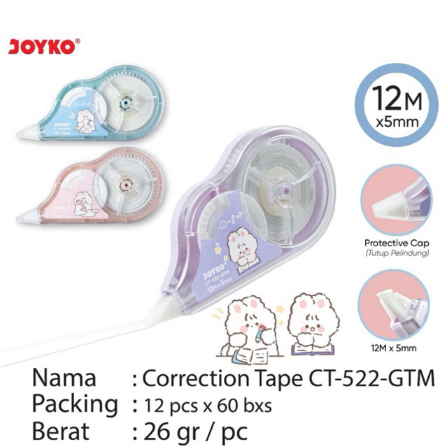 

( 1 pcs ) Correction Tape 12 meter CT 522 Bear / Pita Koreksi Joyko Tipx CT-522-GTM Motif Beruang