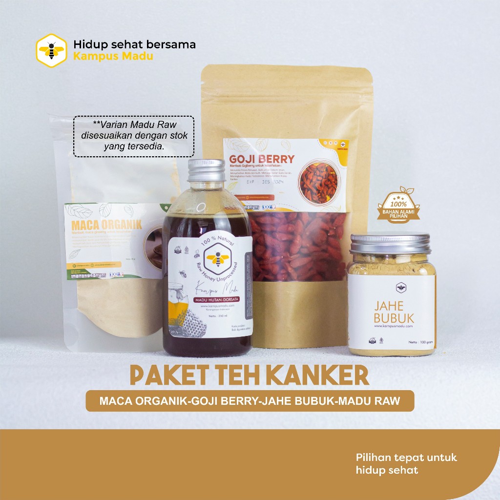 

Paket Teh Kanker / Benjolan / Antioksidan Siap Seduh | Goji Berry Maca Jahe Madu Raw | Paket Herbal Lebih Hemat