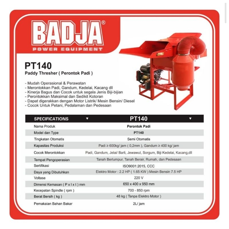 Mesin Perontok Padi Dengan Blower Badja PT140 / Paddy Thresher Badja PT 140Badja PT140 Paddy Threshe
