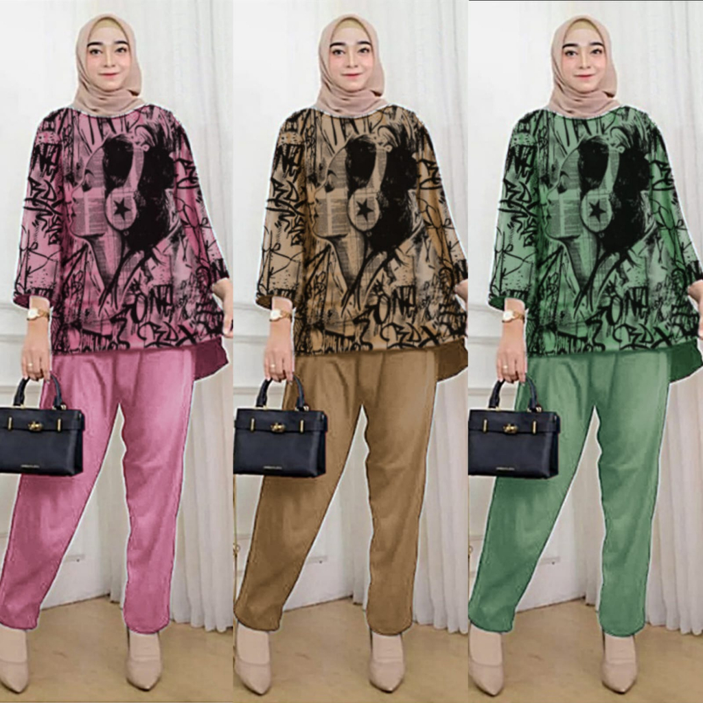 One Set Wanita Setelan Oversize Abstrak Girl