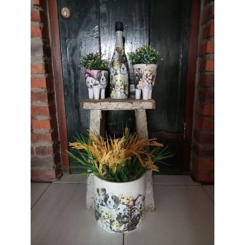 paket pot decoupage/botol decoupage/pot teracota/pot tanah liat/dekorasi/pot bunga/pajangan/hiasan/v