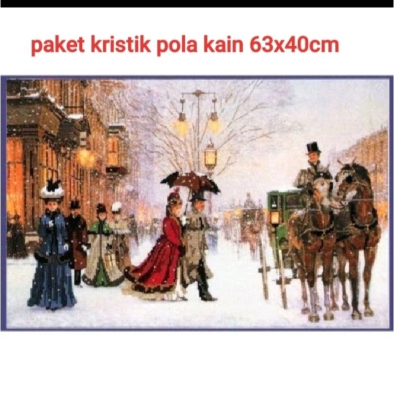 Paket kristik pemandangan eropa pola kain orang dan kereta kuda salju eropa