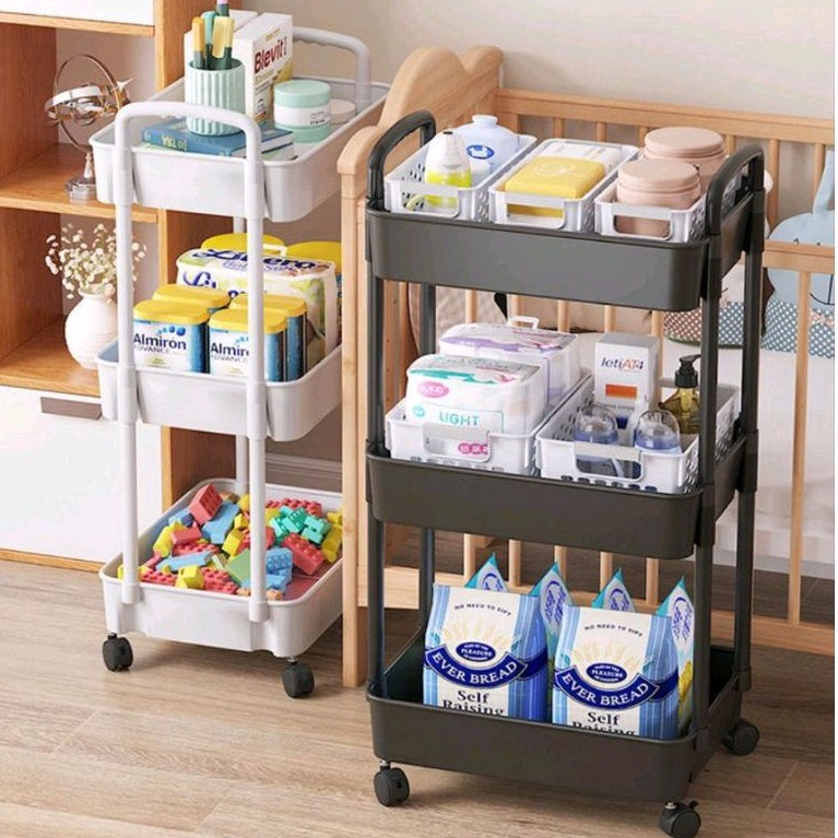 Rak Troli roda Rak Kamar Mandi Dapur Kamar Tidur Serbaguna 3 Susun- Hana Trolley Plastik 3 Layer Rak