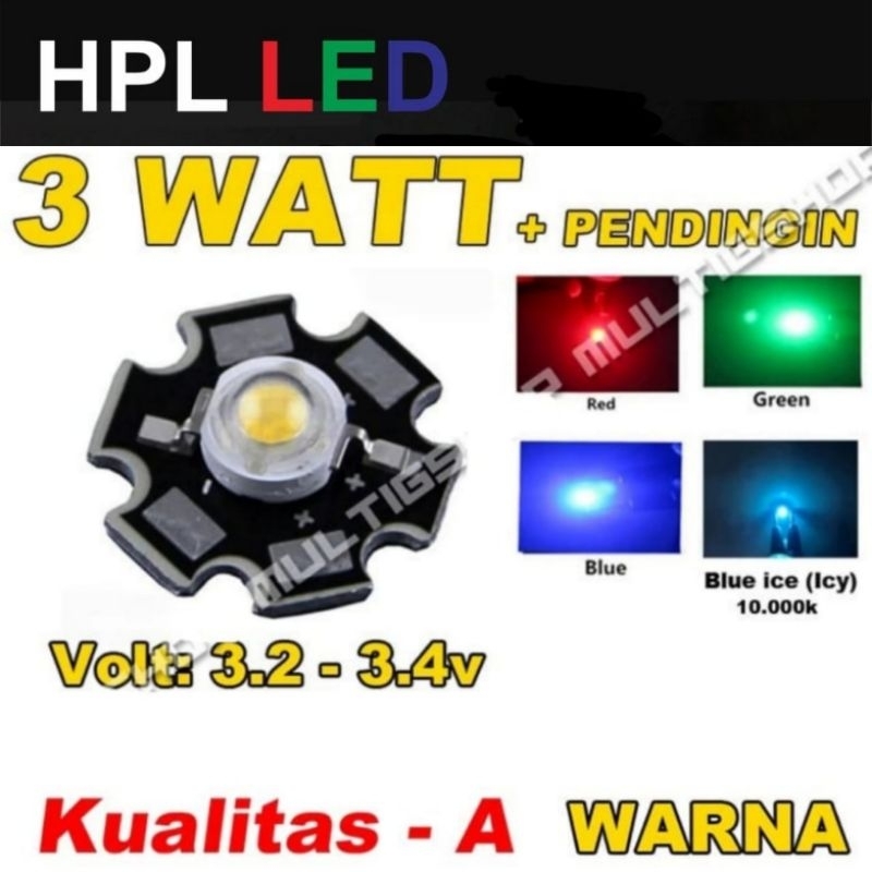 HPL 3W High Power LED 3 Watt Warna dengan PCB Heatsink