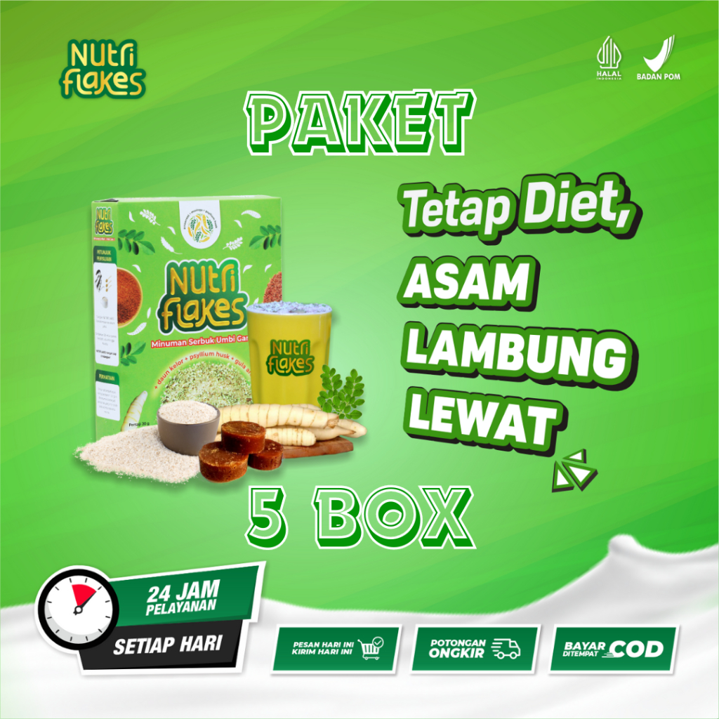 

Nutriflakes Sereal Umbi Garut Asam Lambung - Ampuh Mengatasi Asam Lambung Gerd, Maag Paket 5 Box