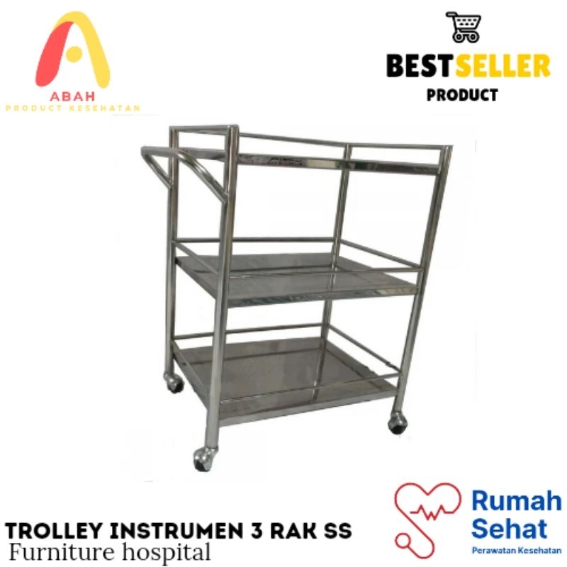 Trolley instrumen 3 Rak susun stainless / Meja instrumen / troli instrumen 3 susun