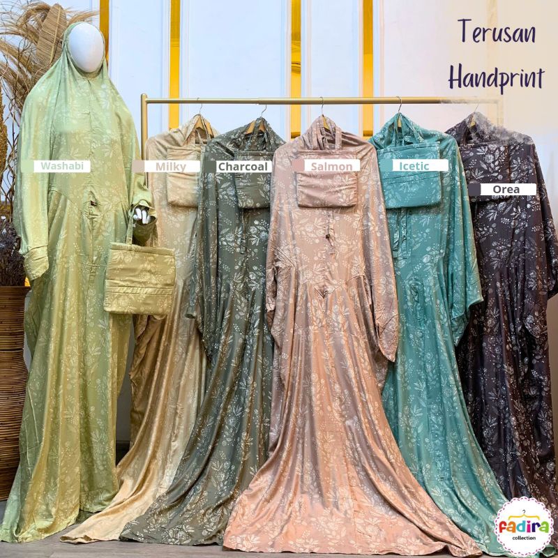 Mukena Terusan Handprint / Telekung Terusan Motif / Rukuh Dewasa Jumbo by Fadira