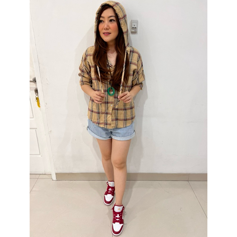 Kemeja Wanita Hoodie kotak kotak