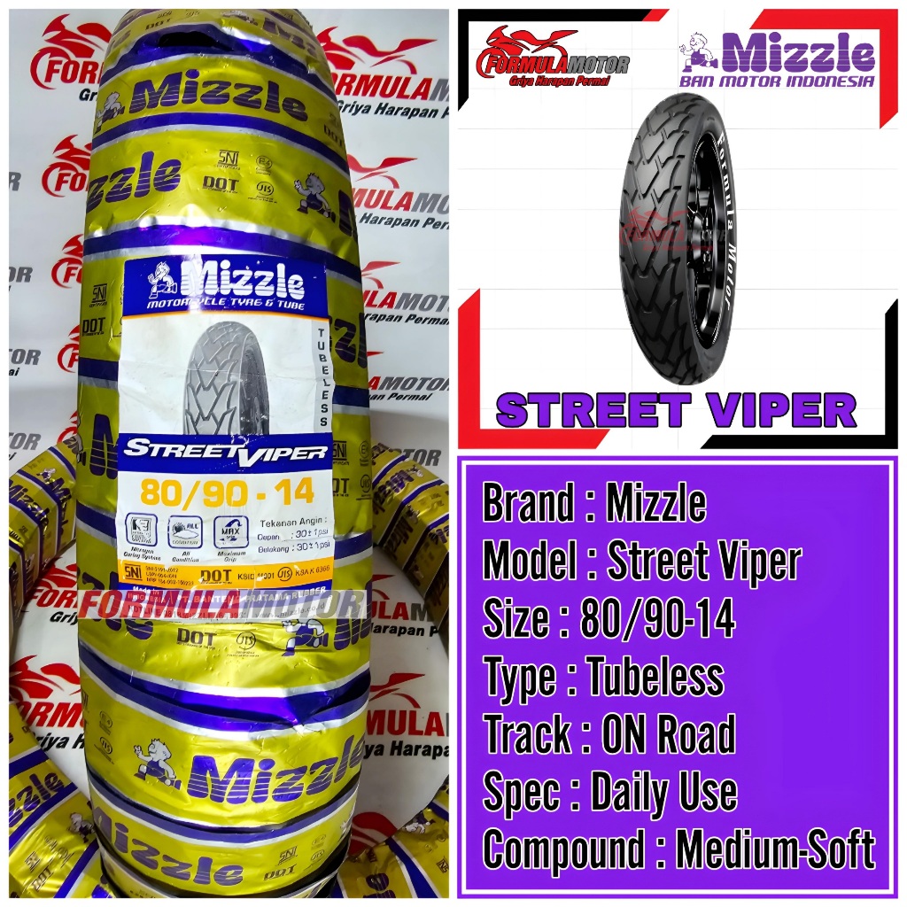 80/90-14 MIZZLE STREET VIPER RING 14 TUBELESS - BAN DEPAN VARIO, BEAT, SCOOPY, SPACY, GENIO TUBLES