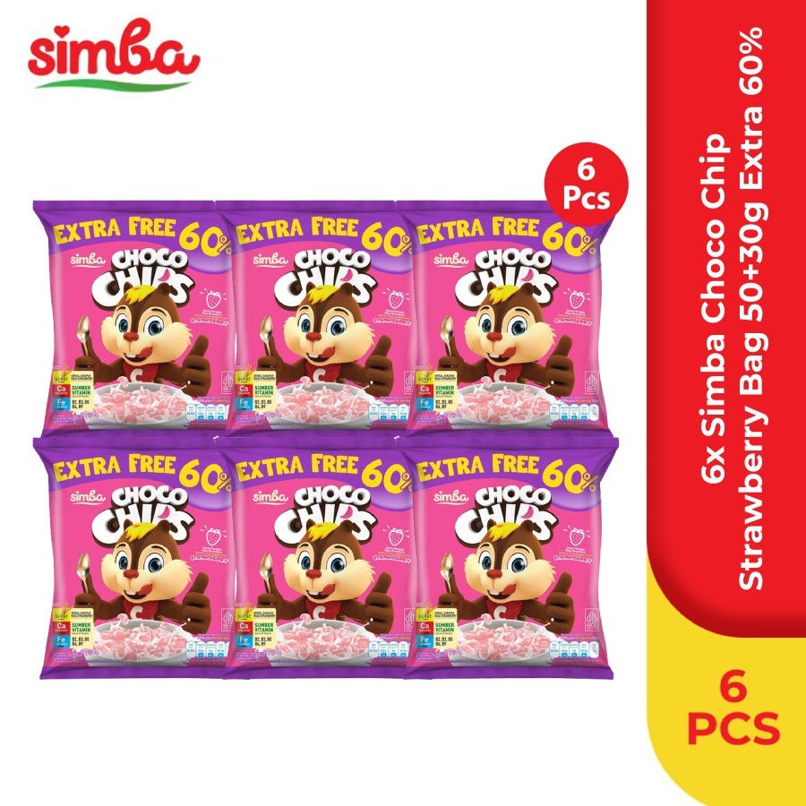 

Simba Choco Chips Strawberry Bag 50gr + 30gr Extra 60% x 6 Pcs