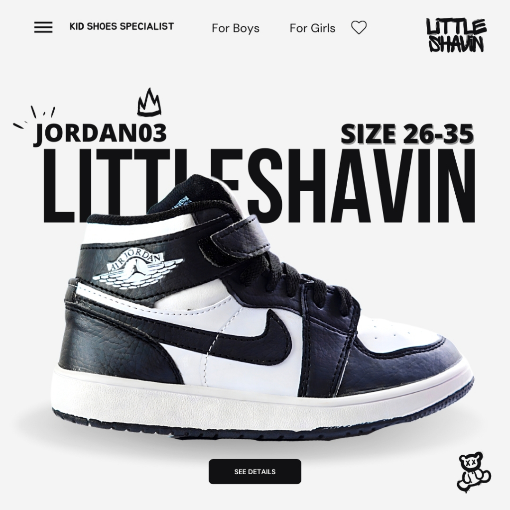 (FREE BOX) Sepatu anak jordan murah putih garis hitam TK SD PAUD usia 1-8 tahun size 26-35