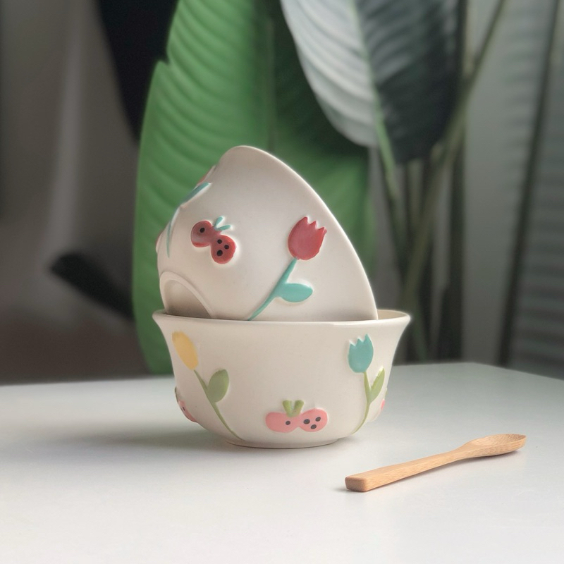 MK 02 SATUAN Mangkok Keramik Motif Bunga Timbul 4D Estetik Cantik ala Korea / Piring Kue / Mangkok n