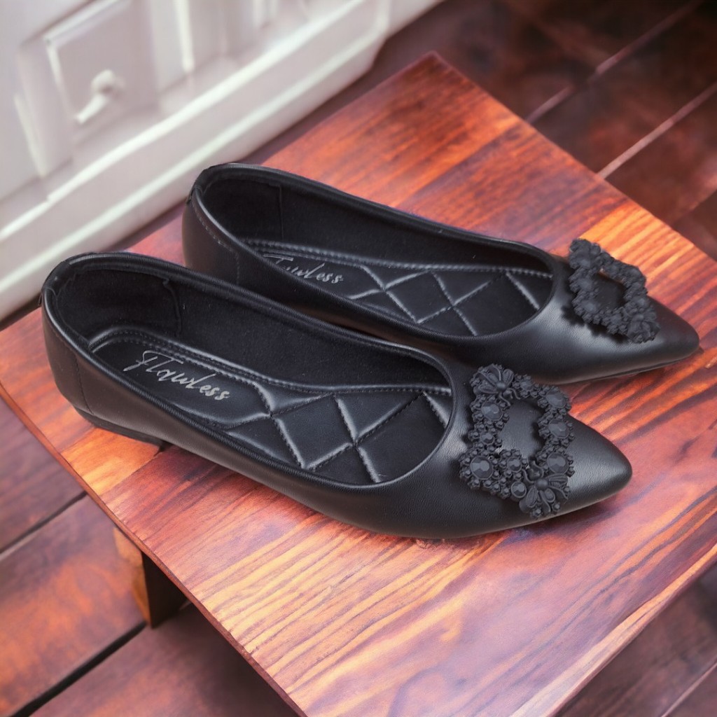 Flatshoes wanita sepatu wanita elegan casual Flawless Bunga Kotak Hitam terlaris original