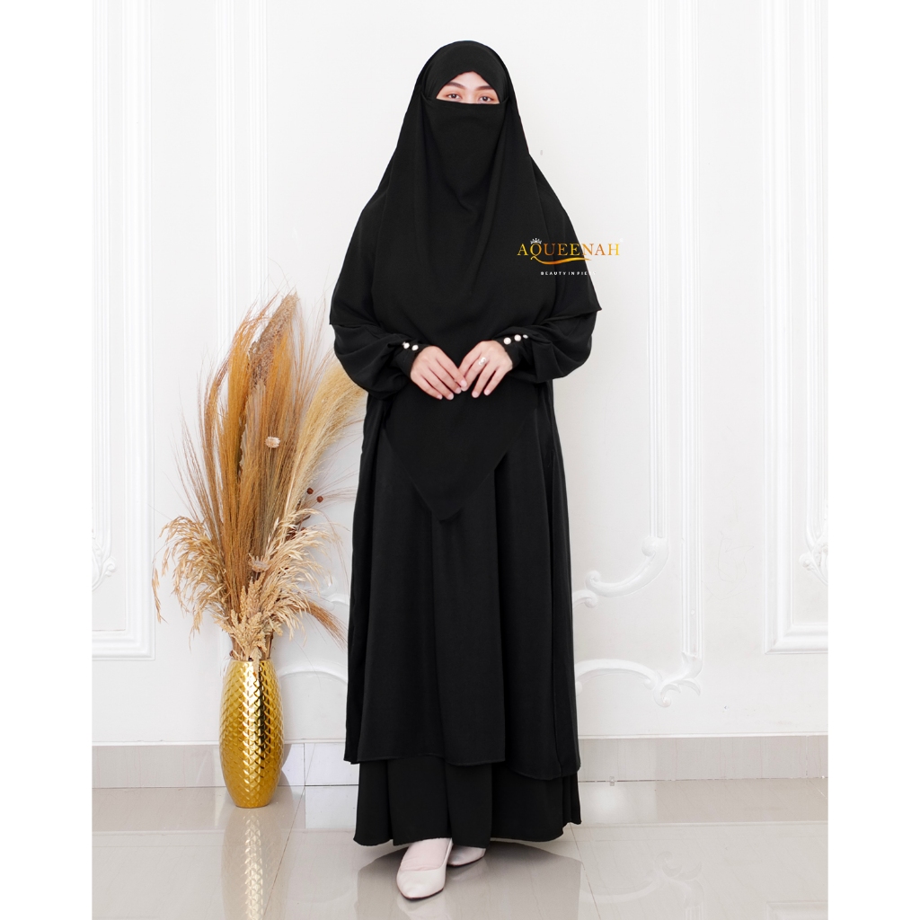 Aqueenah Tunik Dress set Rok dan French Khimar Jetblack Premium - Tunik Syari warna hitam setelan gamis pesta