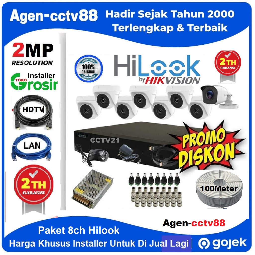 Paket Lengkap 8 Kamera CCTV HILOOK Full HD 2MP DVR 8ch + Kabel 100M