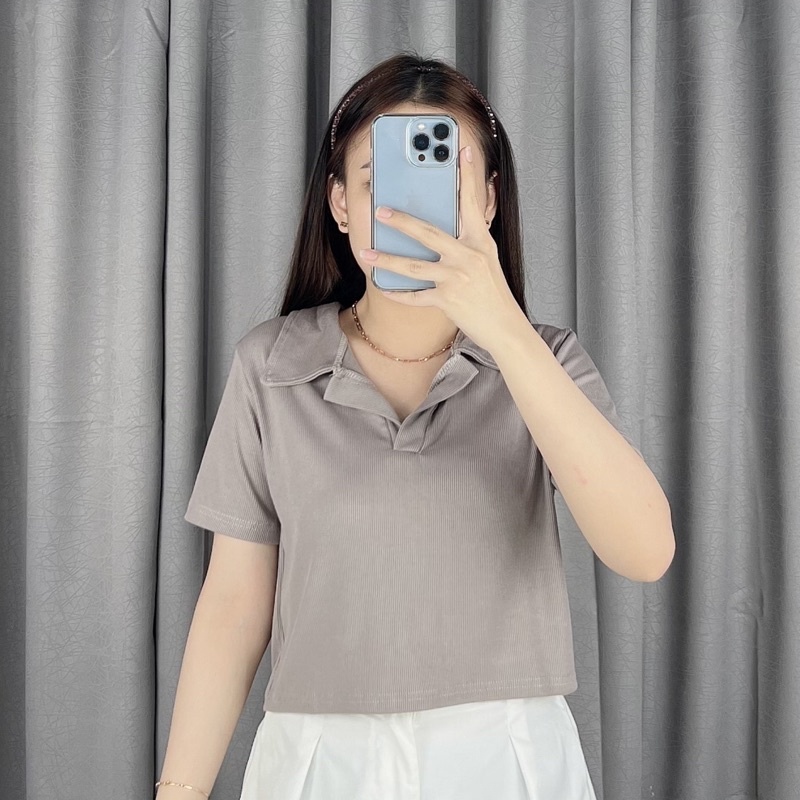 Baju Crop Top Kerah Knit Polo / Polo Crop Top Polos Wanita / Atasan Rajut Knit Polo