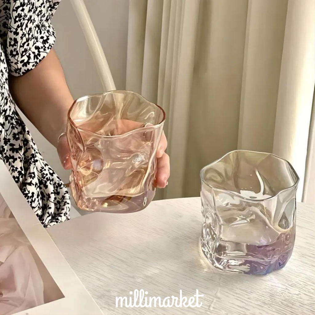[MILLI] AMORA GLASS / Gelas kaca estetik warna coklat hologram hitam / Gelas whisky mewah