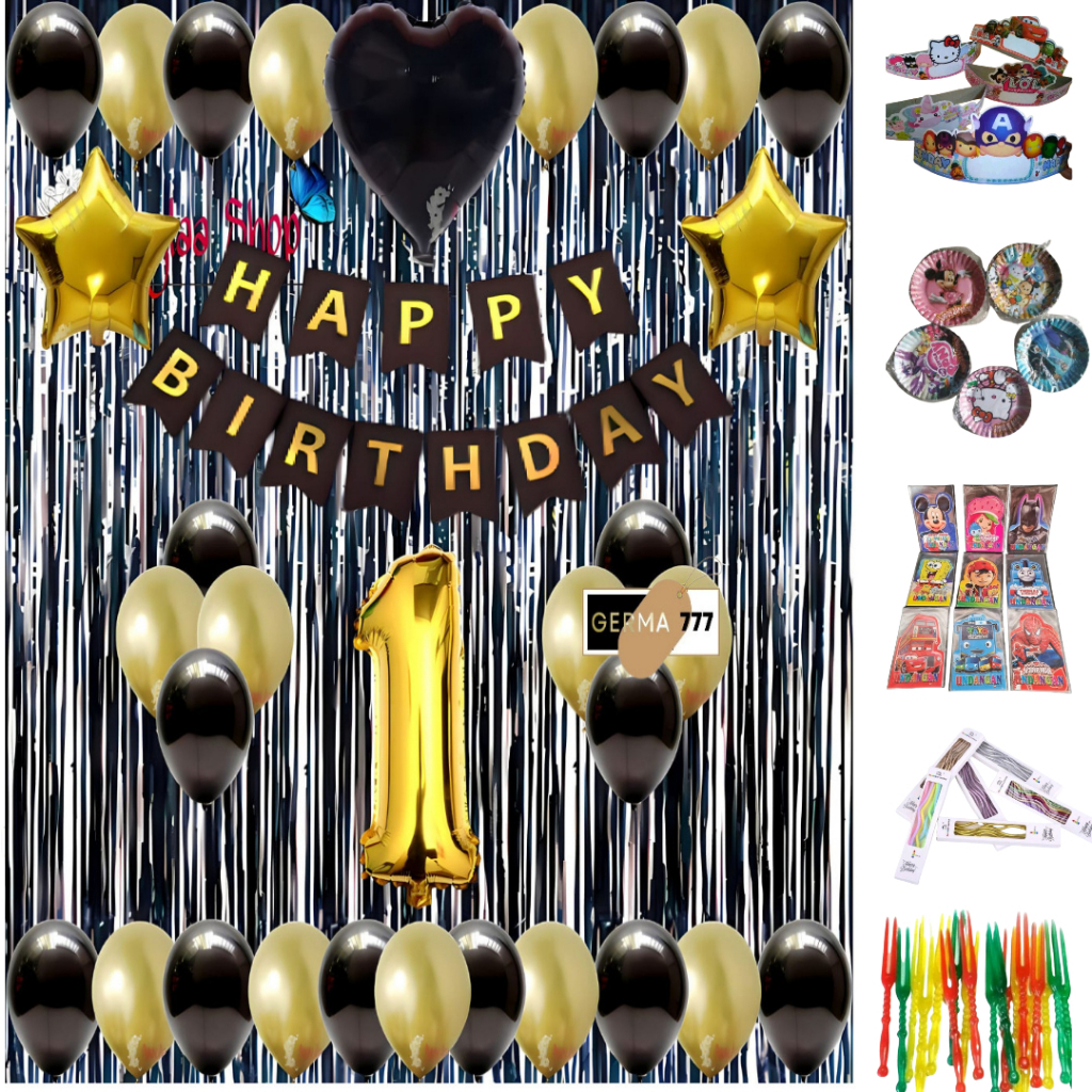 Set Dekorasi Ulang Tahun Balon Banner Tirai Hitam Dan Perlengkapan Ultah Anak Simple