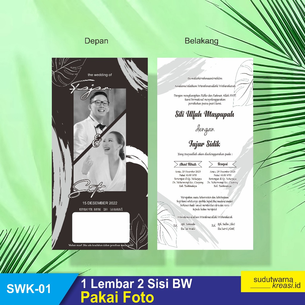 Undangan Pernikahan simple hitam putih 2 sisi tanpa lipat