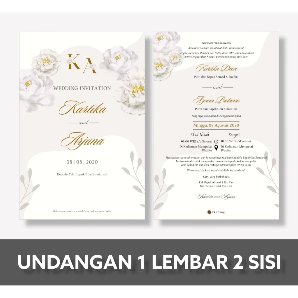 Undangan Pernikahan 1 Lembar 2 Sisi BC TIK