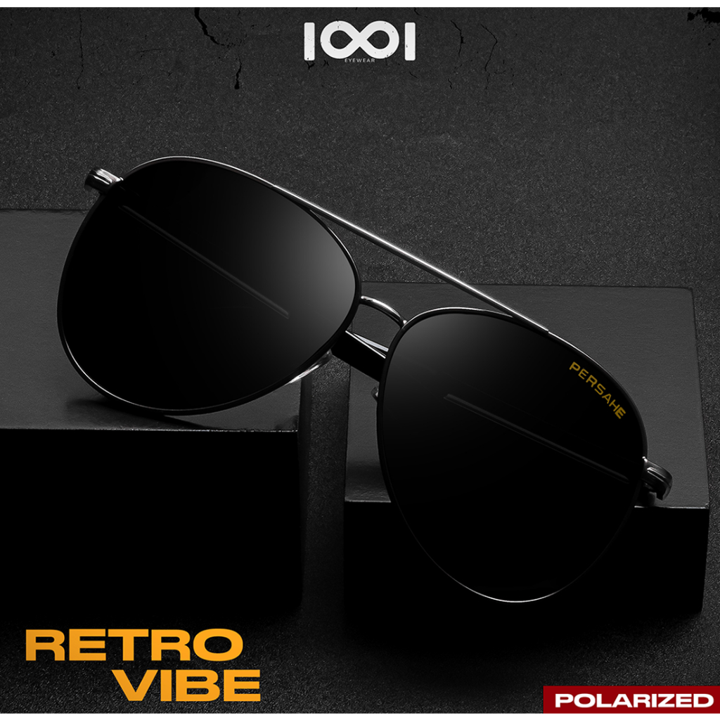 IOOI Eyewear -  Kacamata Sunglasses Hitam Aviator Metal Polarized Anti UV Pria 8738S