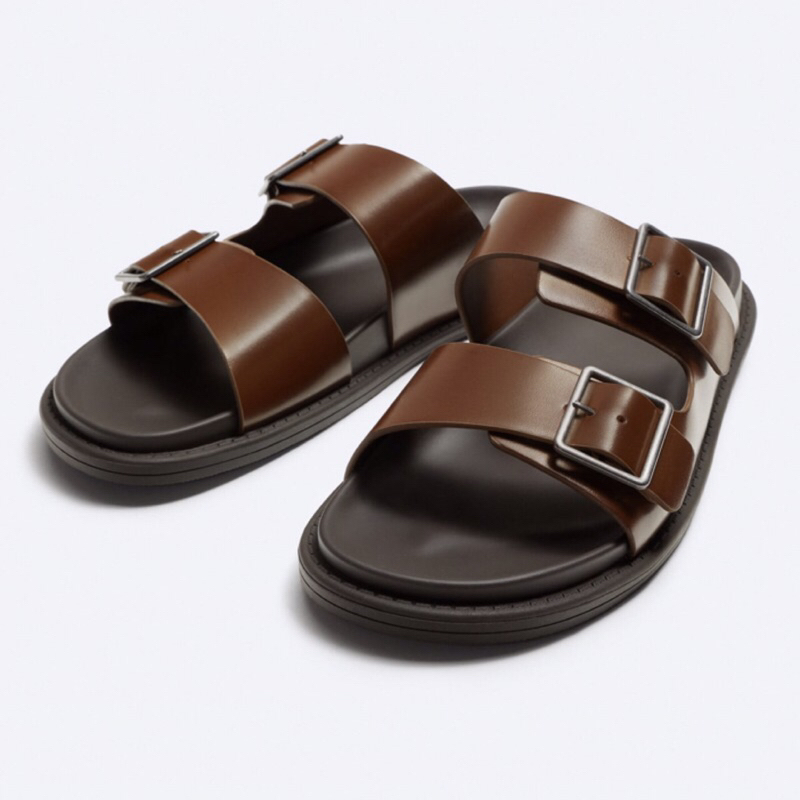 ZARA Men Sandal Double Strap Sendal Pria Dark Tan