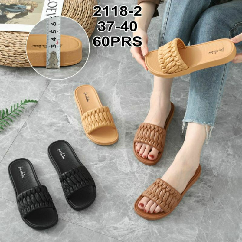 Sandal slop wanita karet motif kepang Korea style