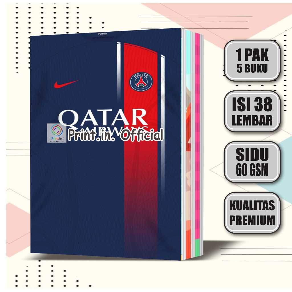 

Buku Tulis Cover Jersey PSG 1 Pack 5 pcs, 38 Lembar / Buku Tulis Sekolah free nama