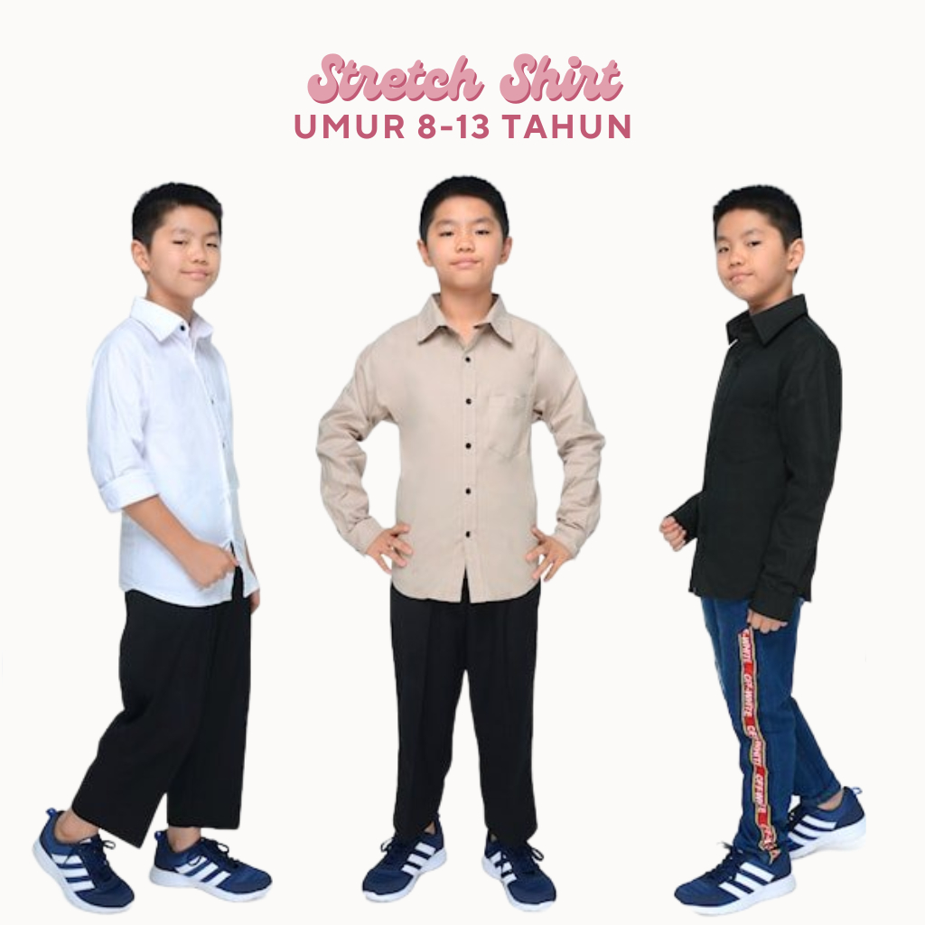 Kemeja Baju Hem Atasan Anak Laki Cowok Usia Umur 8 9 10 11 12 13 Tahun Premium Lengan Panjang Polos 